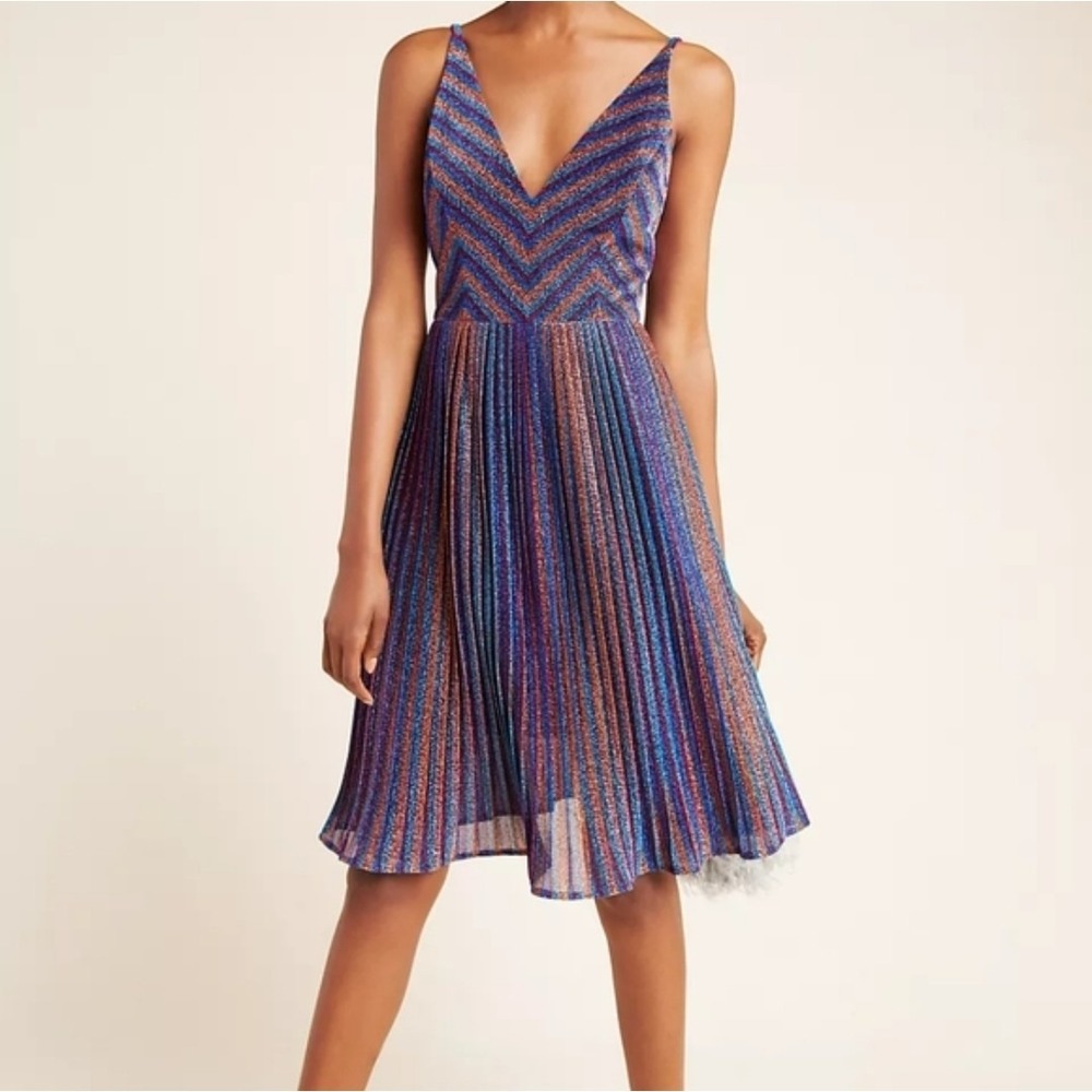 Dress the Population Metallic Blue and Purple Pleated Midi Dress